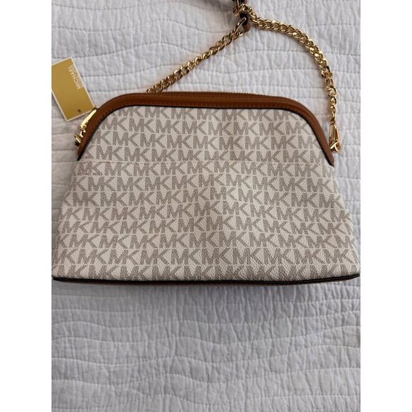 NEW Michael Kors Vanilla/Acorn LG Zip Dome Crossbody Bag Gold Chain Strap - Picture 9 of 15
